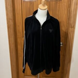 NWT Guess Black Jacket Zip Up Size L White Satin Stripes on Sleeve
